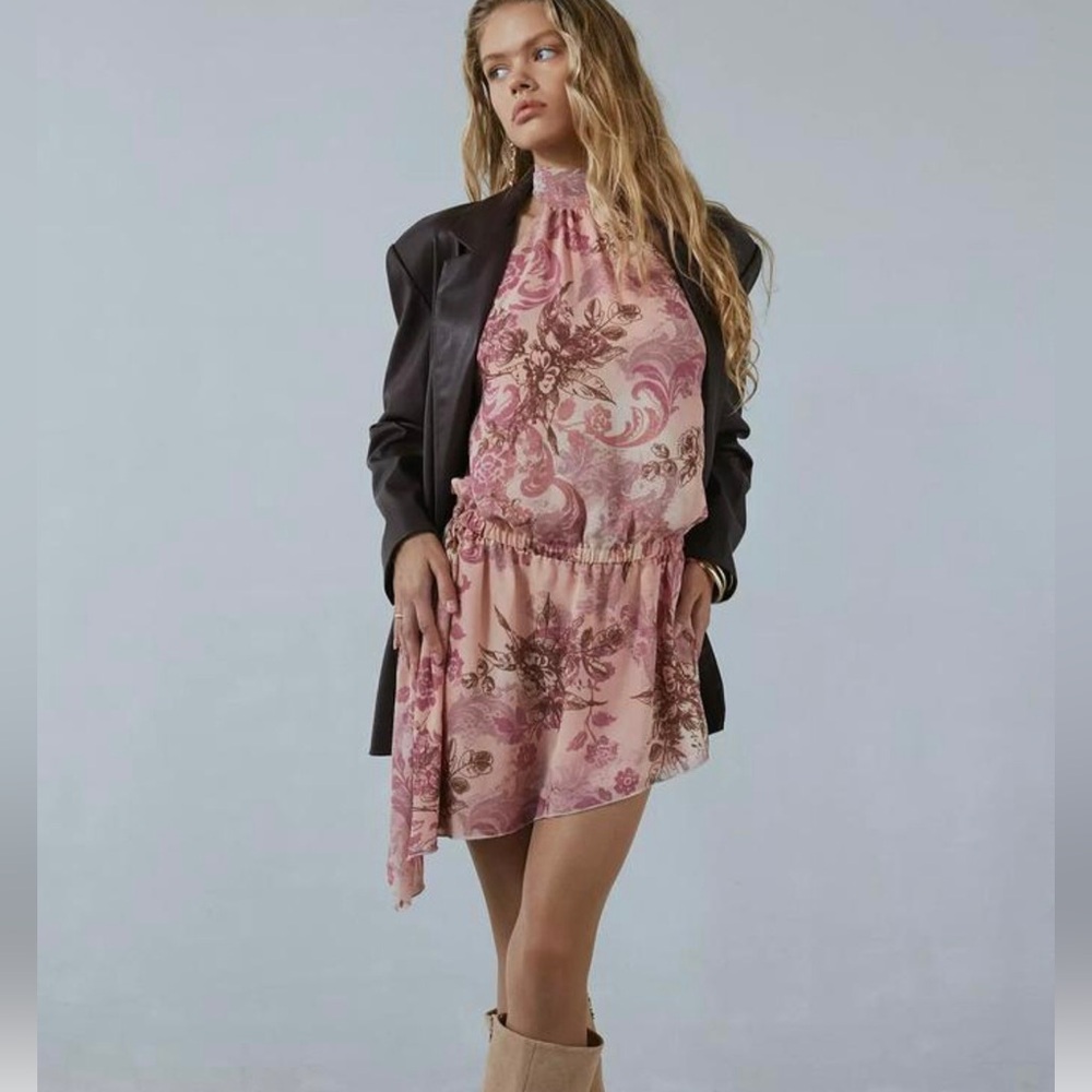 Ecote Pink Floral High-Neck Smocked Mini Dress NWOT